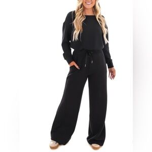 SPANX Air Essential Black Boatneck Wide Leg Jumpsuit: Size Small Tall